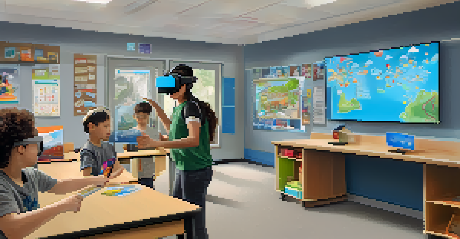 A teacher helping a student with special needs in a bright classroom, the student is using a VR headset to engage in a social simulation.