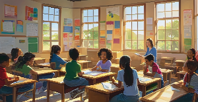 A teacher tells a story to students in a bright classroom filled with posters and learning materials, sunlight illuminating the scene.