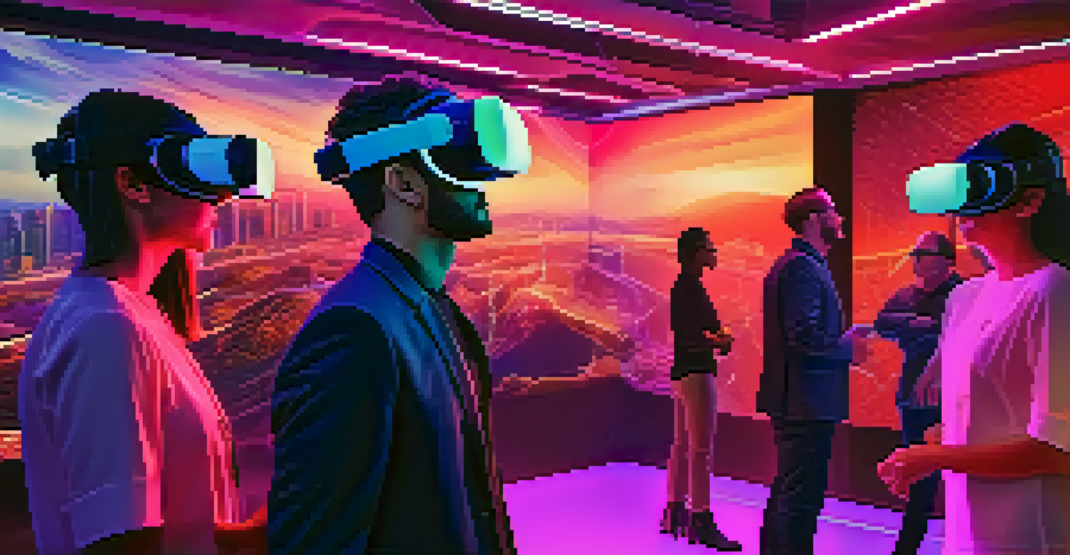 Employees wearing VR headsets in a futuristic environment, interacting with 3D objects in a gamified training scenario.