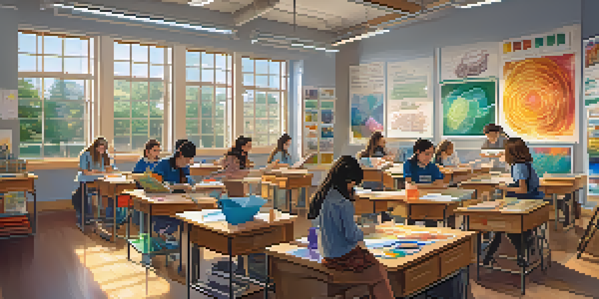 A diverse group of students collaborating on an interdisciplinary project in a colorful classroom, surrounded by art supplies and educational posters.