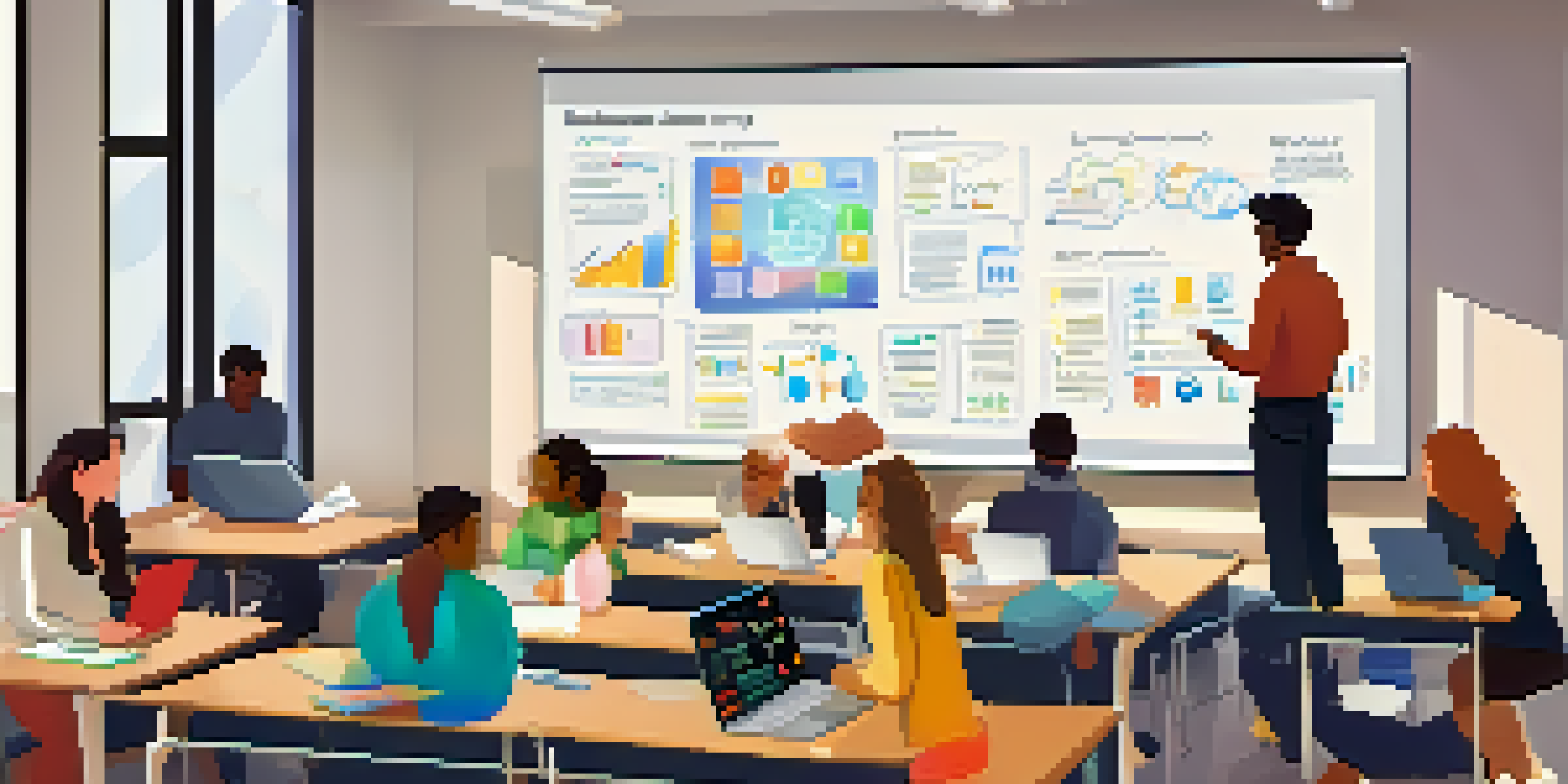 A vibrant classroom with diverse students working on laptops during a digital entrepreneurship workshop, with a teacher facilitating and colorful educational posters on the wall.
