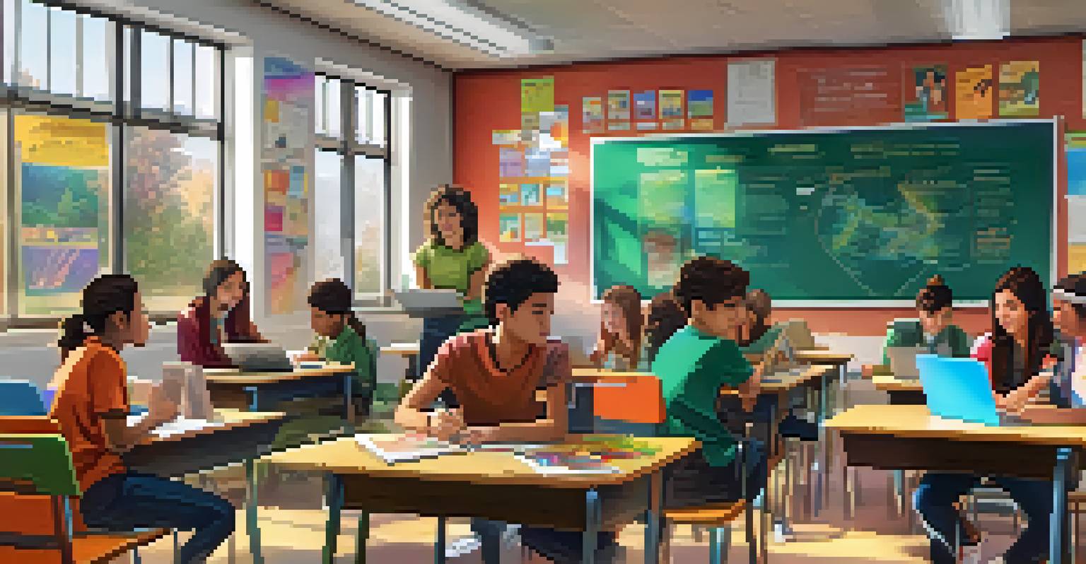 Students collaborating on digital storytelling projects in a colorful classroom, surrounded by educational posters.