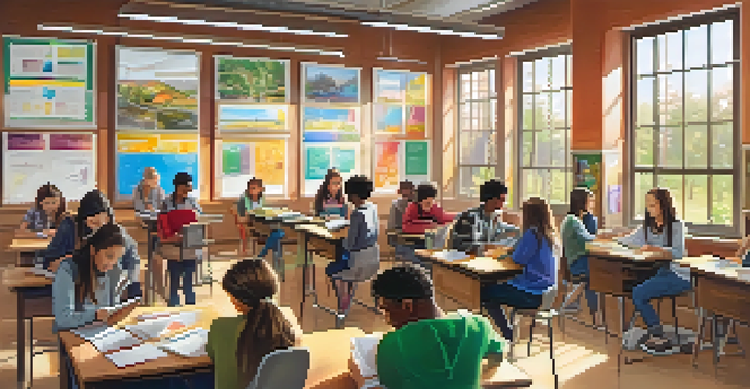 A vibrant classroom with students collaborating on projects, using technology and engaging with each other in a bright environment.