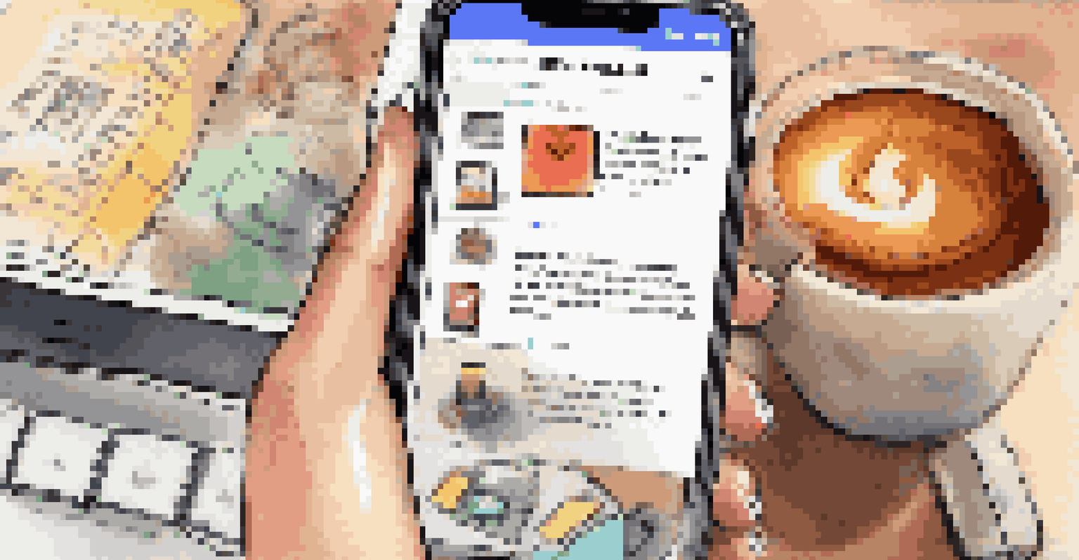 A close-up of a smartphone with a social media feed showing students discussing a class project, with textbooks and a coffee cup in the background.
