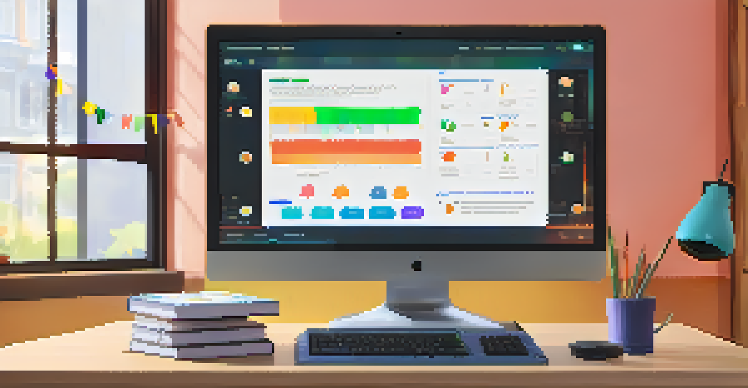 A close-up of a computer screen showing a gamified assessment interface with colorful graphics and a points system, set in a cozy study environment with books and a warm lamp.