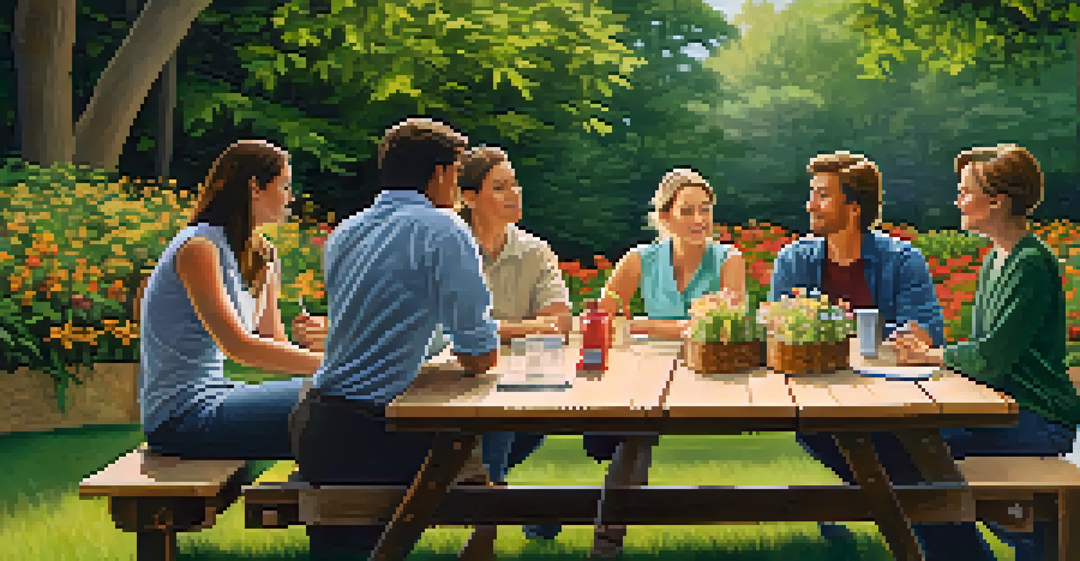 A group of teachers sitting at a picnic table in a garden, sharing insights and discussing professional development in a serene outdoor setting.