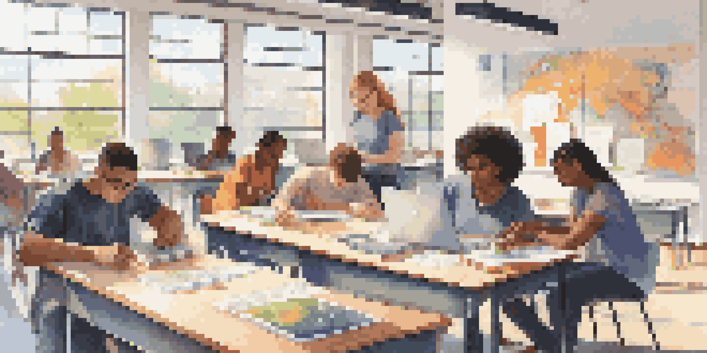 A diverse group of students working together on a project in a classroom, with laptops and digital devices on the table, illuminated by soft natural light.