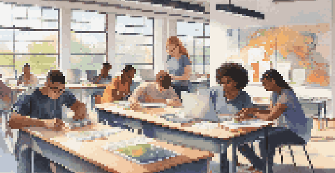 A diverse group of students working together on a project in a classroom, with laptops and digital devices on the table, illuminated by soft natural light.