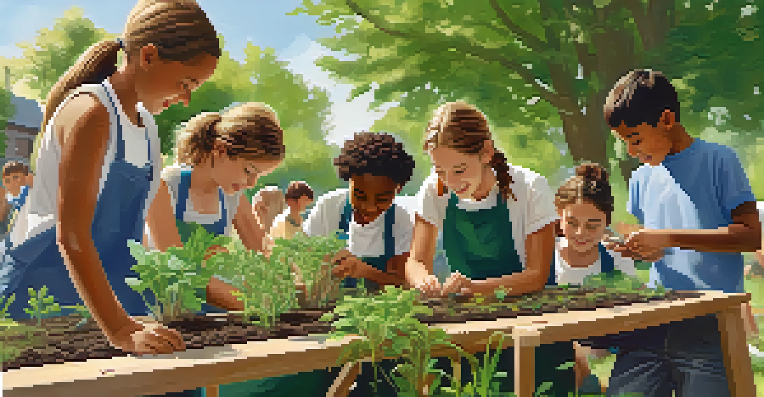 Students participating in outdoor learning activities, planting seeds and collaborating on environmental science projects in a sunny garden.