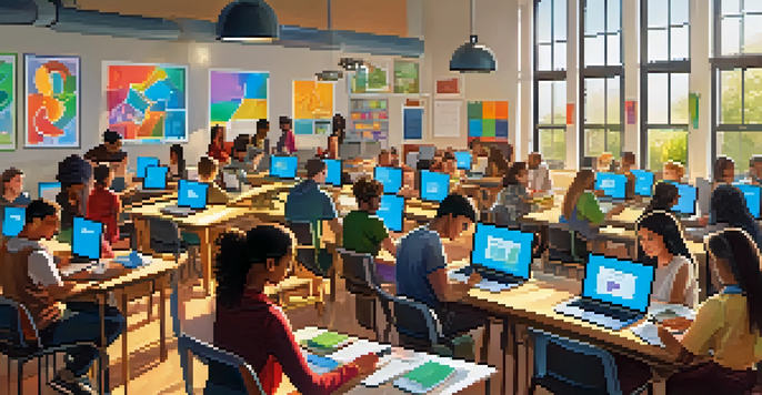 A diverse group of learners engaged in a lively online learning environment, using laptops and tablets, with bright decorations and sunlight illuminating the space.