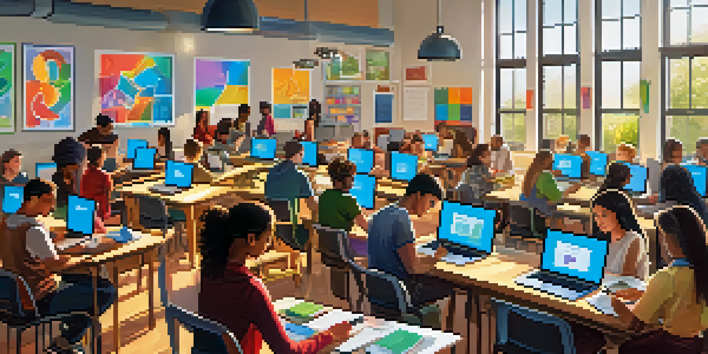 A diverse group of learners engaged in a lively online learning environment, using laptops and tablets, with bright decorations and sunlight illuminating the space.