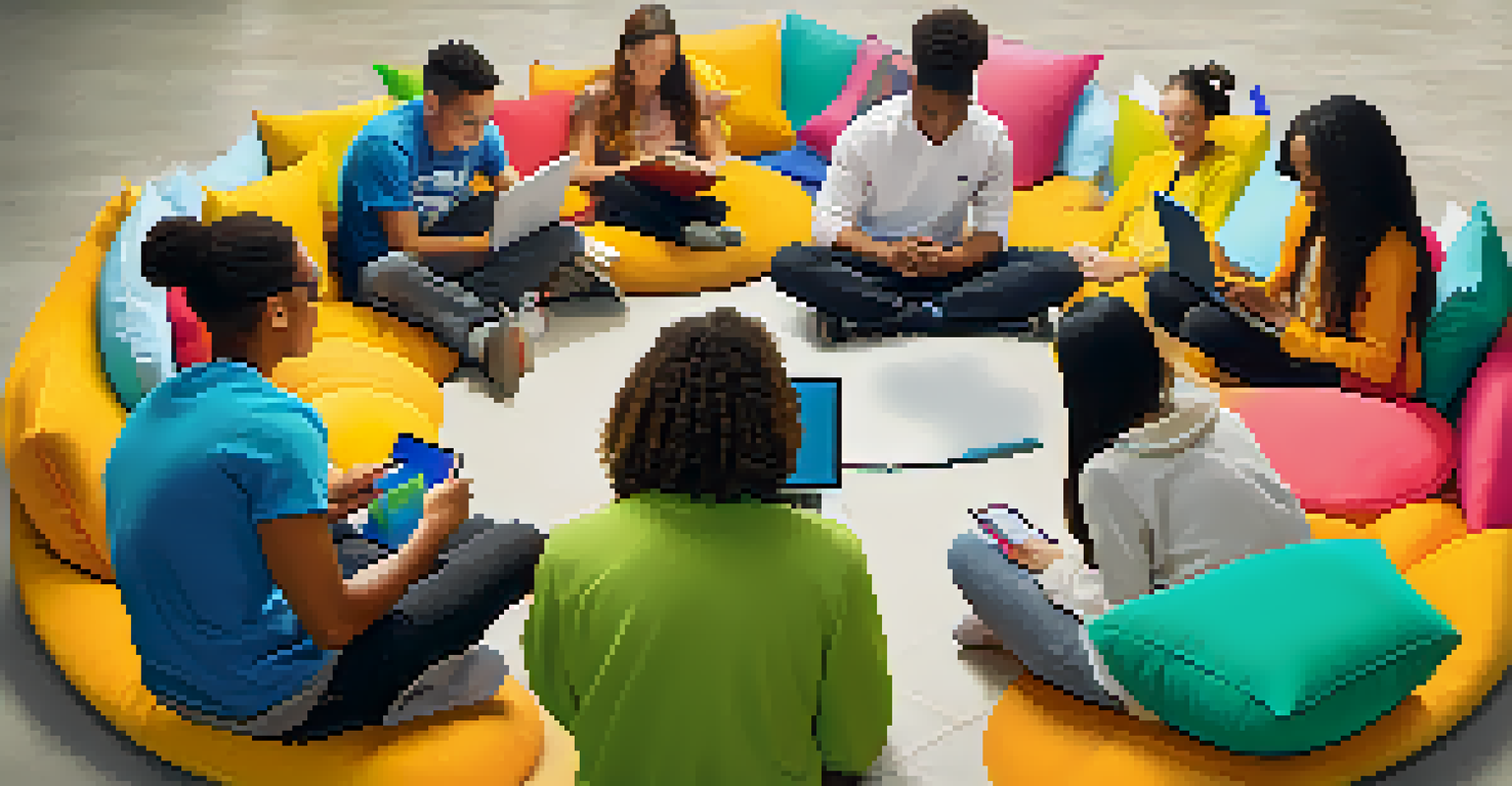 A diverse group of students collaborating in a bright, cheerful environment while using their devices for learning.