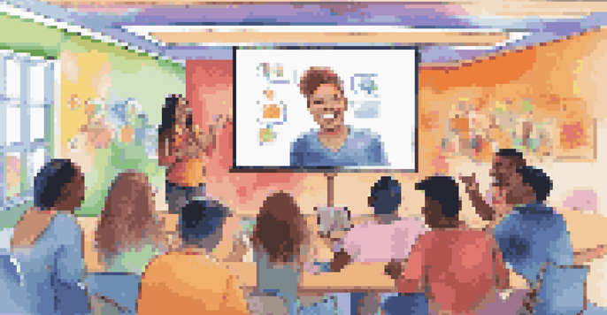 A virtual classroom where diverse learners are participating in an icebreaker activity, showing smiles and engagement on a video conferencing platform.