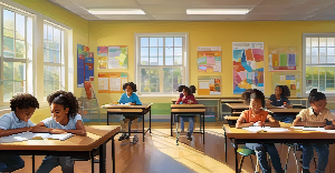 A vibrant classroom filled with diverse students interacting and engaged in learning activities, with a teacher supporting a student.