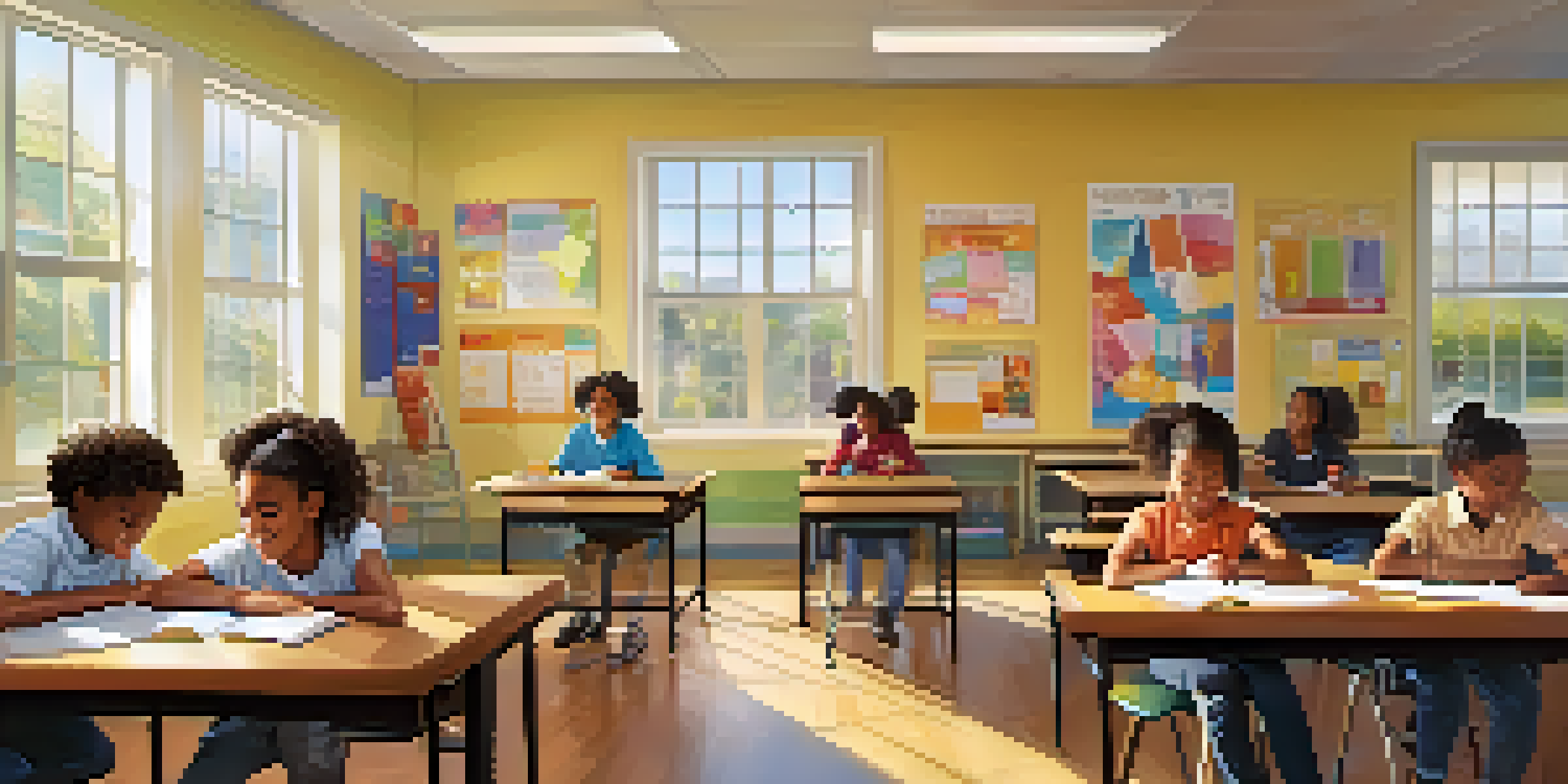 A vibrant classroom filled with diverse students interacting and engaged in learning activities, with a teacher supporting a student.