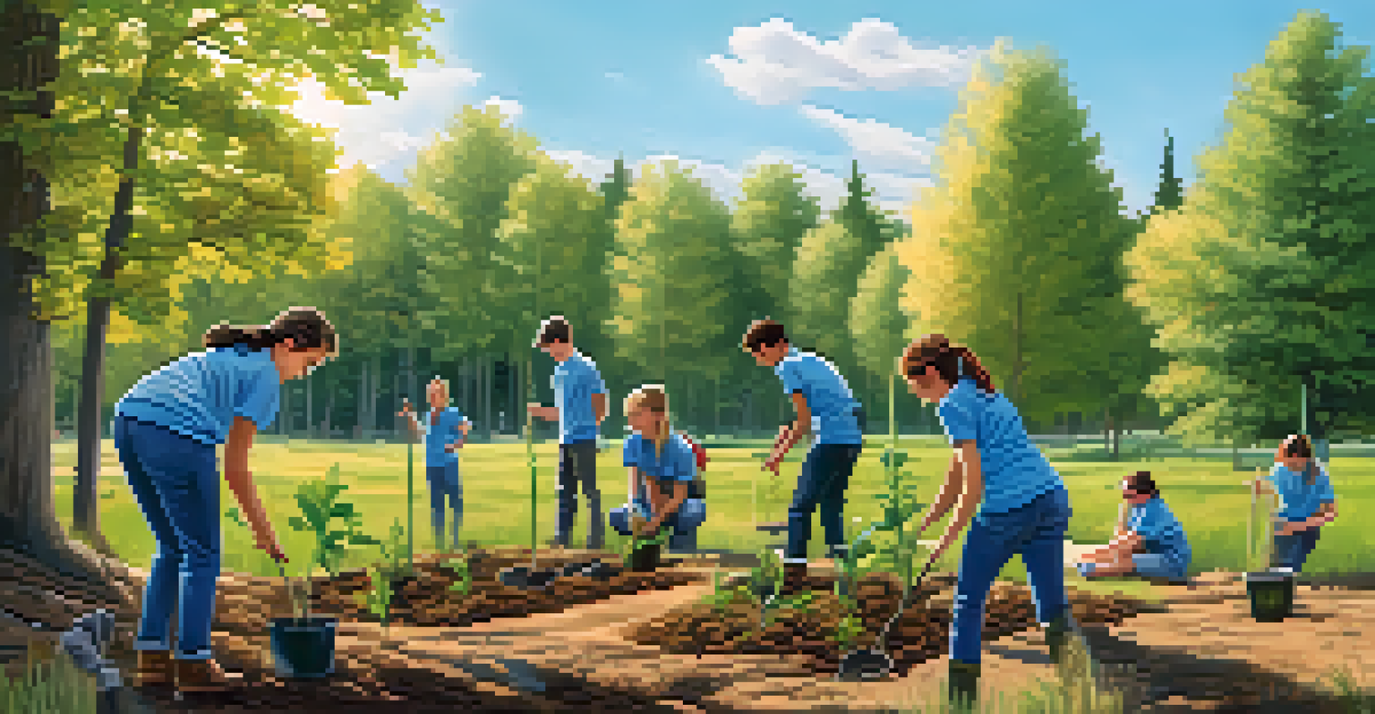 Students engaged in an outdoor environmental project, planting trees and collecting data, set against a backdrop of trees and a clear sky.