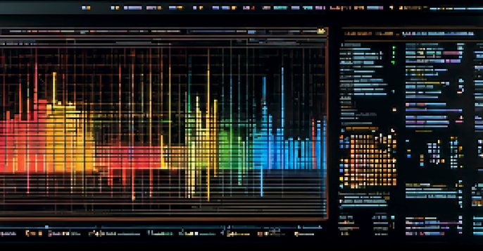 A computer screen showing vibrant data visualizations and graphs representing algorithms, illuminated by ambient light.