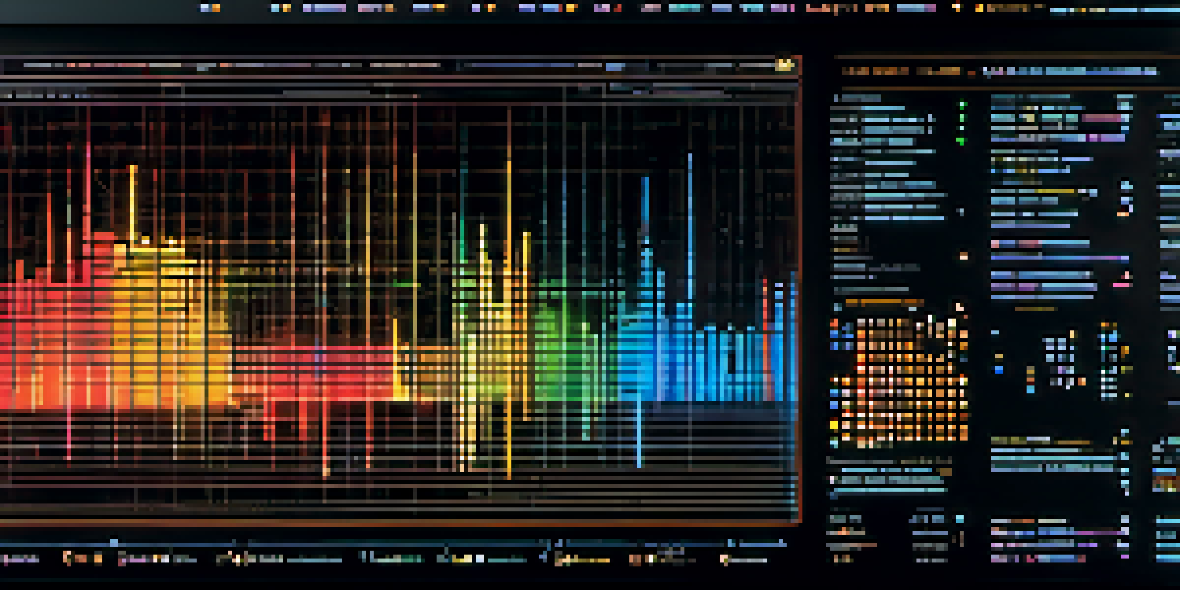 A computer screen showing vibrant data visualizations and graphs representing algorithms, illuminated by ambient light.
