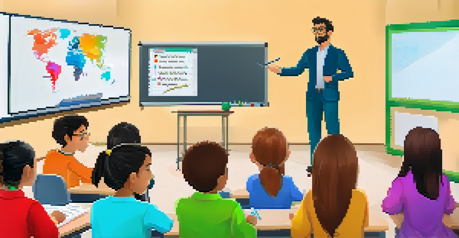 A teacher leading a bilingual lesson in a modern classroom with students engaged and a digital whiteboard displaying text in English and Spanish.