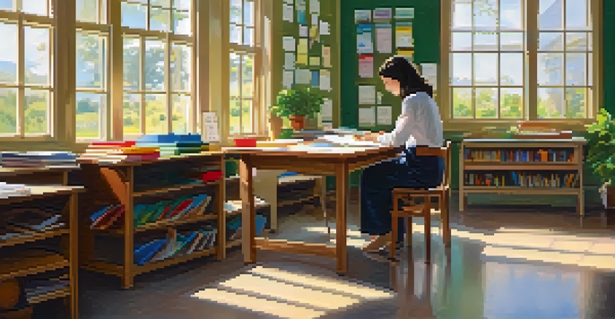 A teacher in a bright classroom looking out of a window, surrounded by educational materials and a plant.