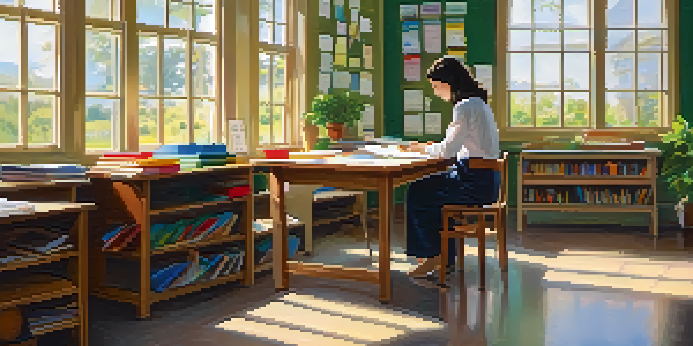 A teacher in a bright classroom looking out of a window, surrounded by educational materials and a plant.