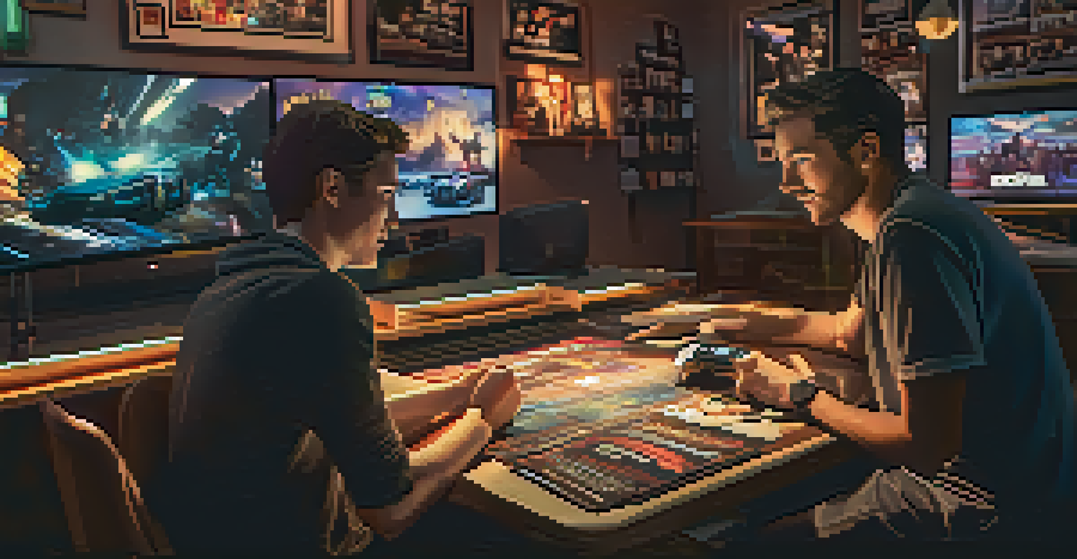 Two players in a cozy gaming room, one offering feedback to the other, illuminated by the glow of computer screens.