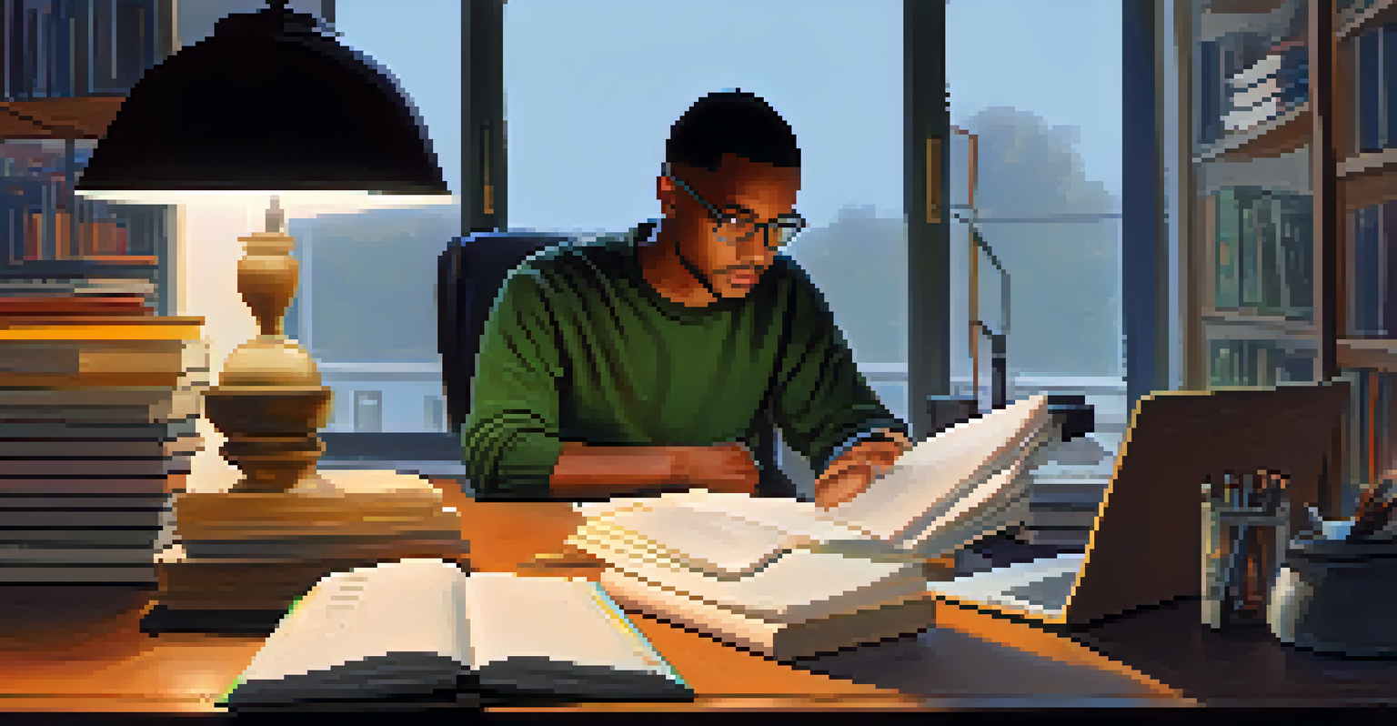 An adult learner reflecting at a desk with books and a laptop, illuminated by a warm desk lamp.