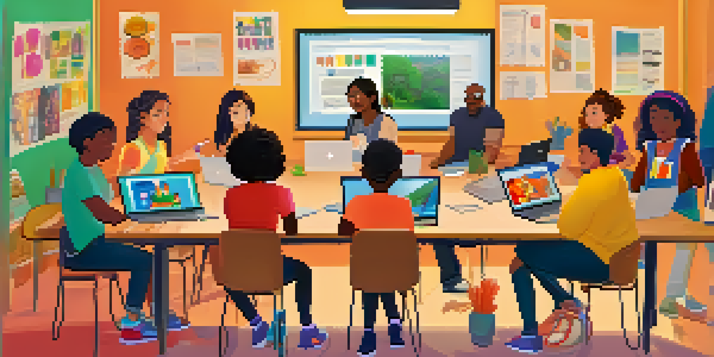 A diverse group of students working together in a bright classroom, collaborating on digital storytelling with laptops and creative materials.