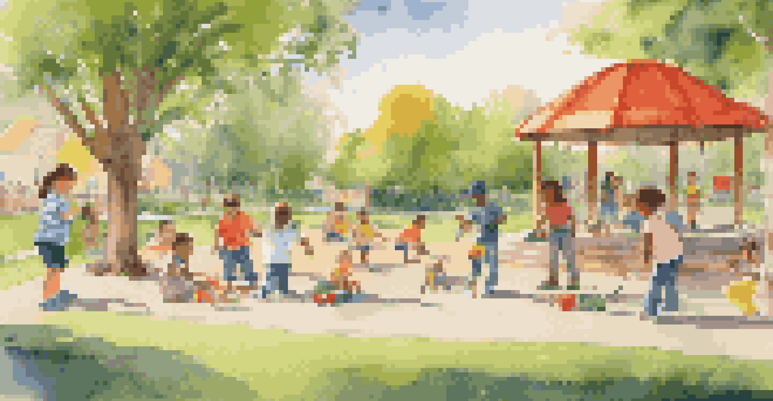 Children playing in a sunny park, with one child sharing toys and others observing and smiling.