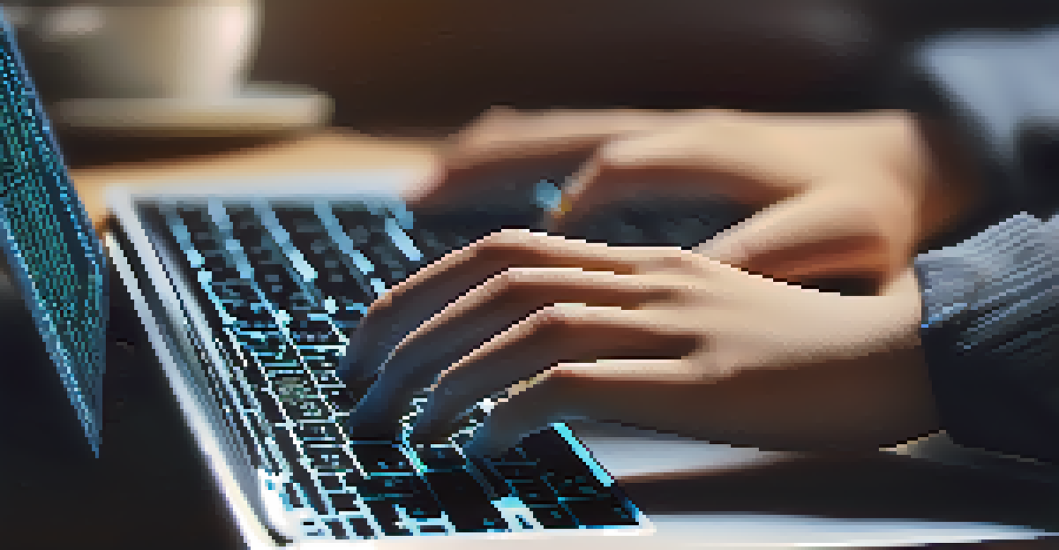Close-up of a student's hands coding on a laptop, with lines of code visible on the screen.