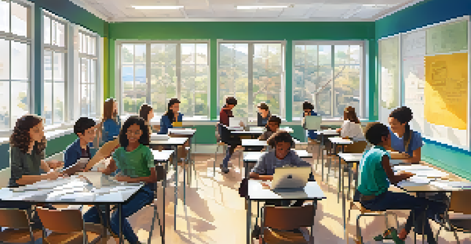 A vibrant classroom with students in small groups, collaborating on projects, surrounded by visual aids and bright natural light.