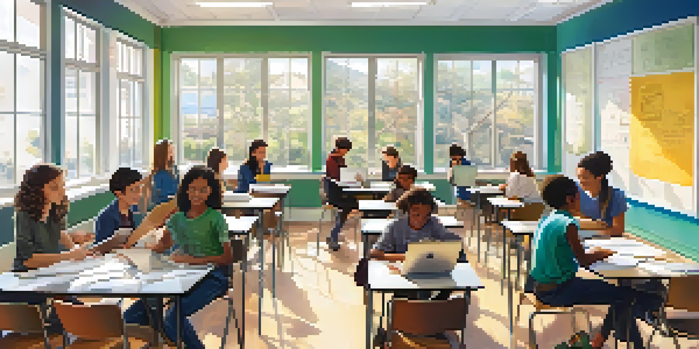 A vibrant classroom with students in small groups, collaborating on projects, surrounded by visual aids and bright natural light.