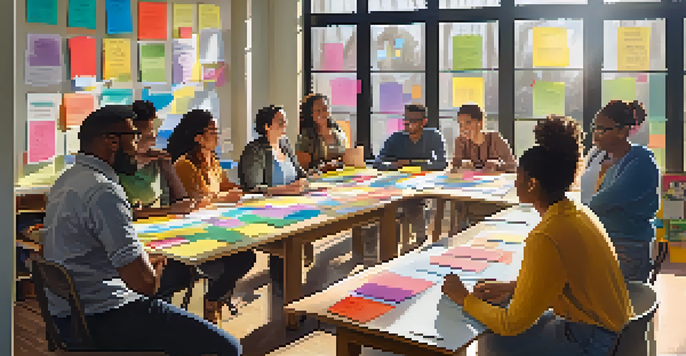 A diverse group of teachers collaborating at a table with charts and sticky notes in a sunlit room.