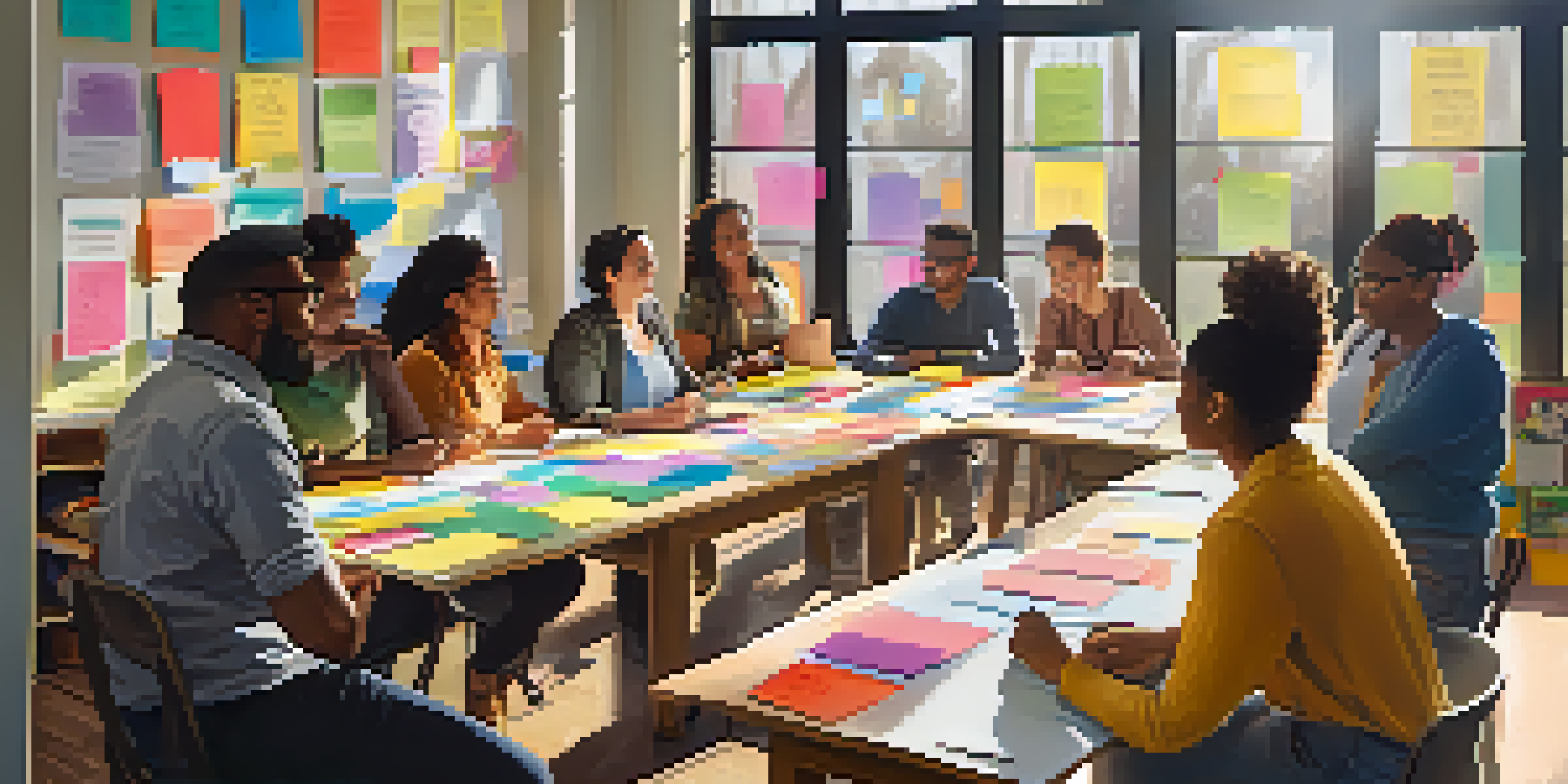 A diverse group of teachers collaborating at a table with charts and sticky notes in a sunlit room.