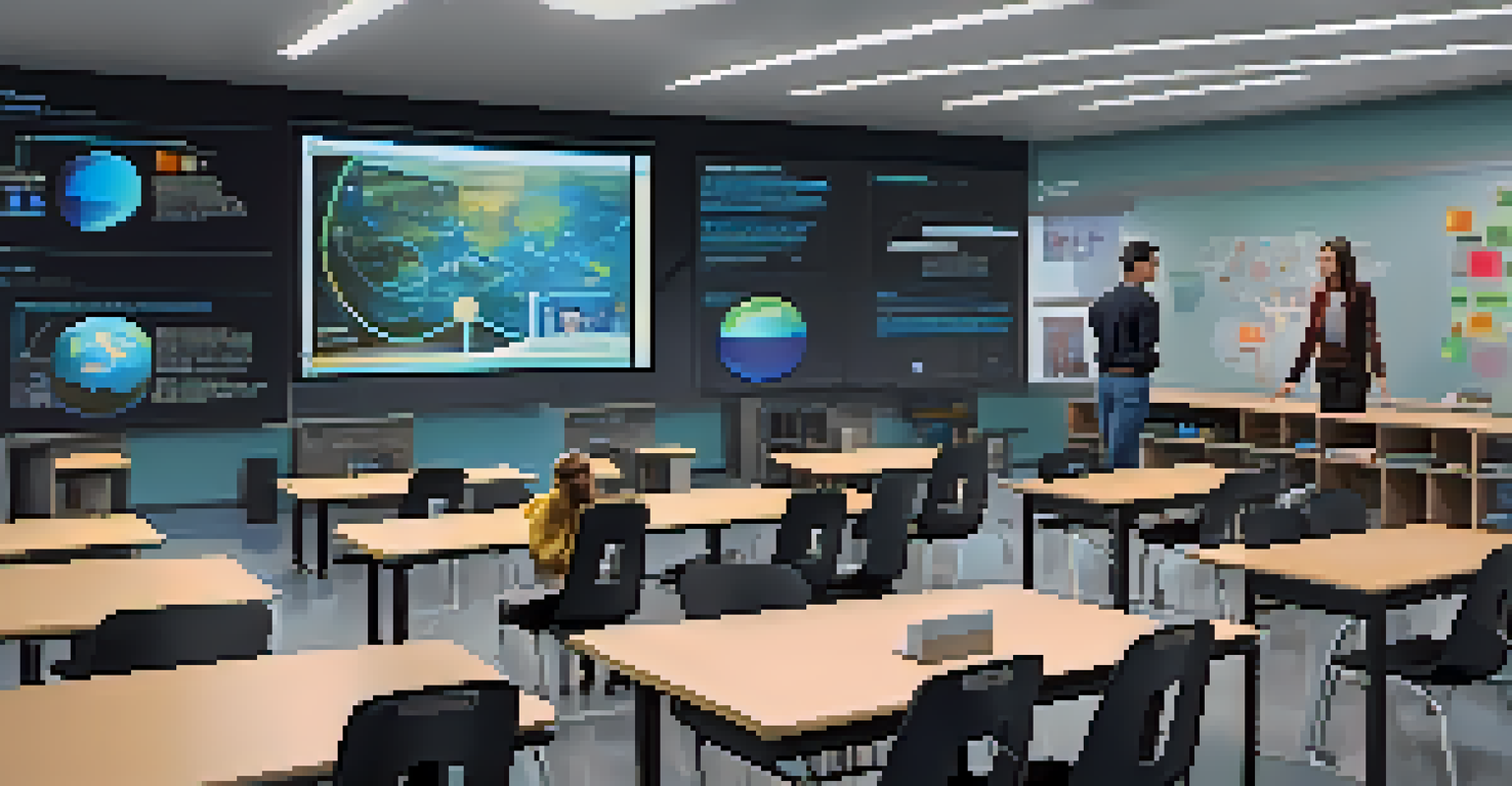 A modern classroom with an educator using augmented reality to display student performance data in 3D, while students observe with fascination.