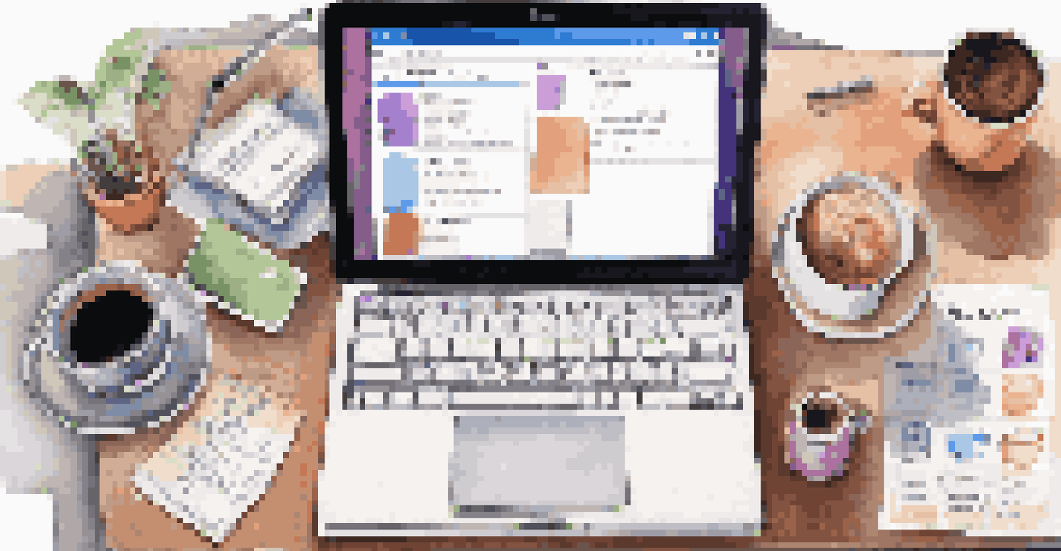 An overhead view of a laptop displaying a colorful project management tool, surrounded by study materials and a coffee cup.
