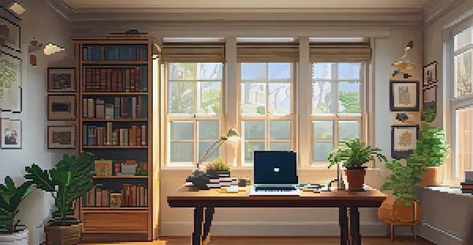 A cozy study area with a wooden desk, laptop, books, and plants, illuminated by natural light.