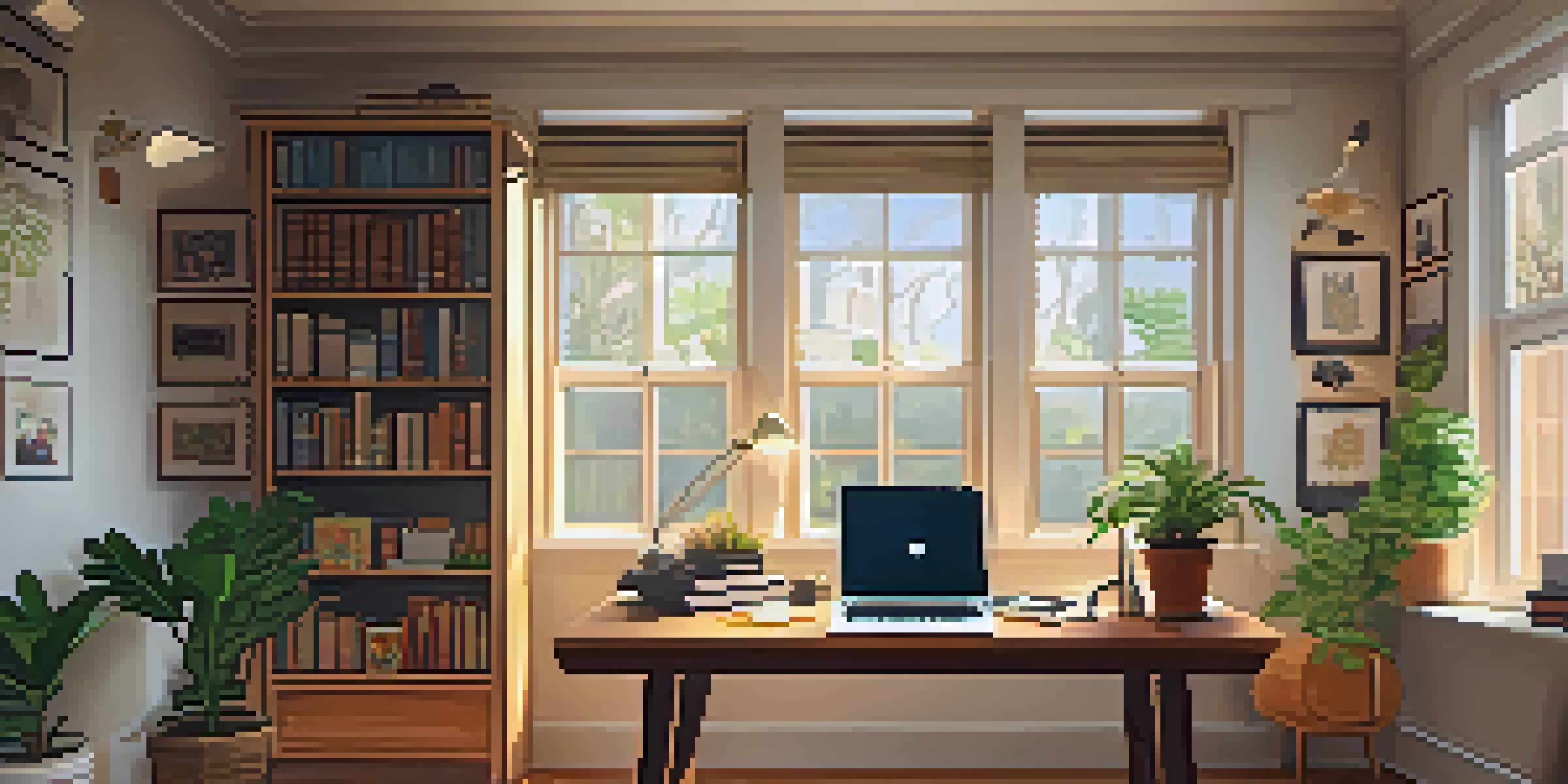 A cozy study area with a wooden desk, laptop, books, and plants, illuminated by natural light.