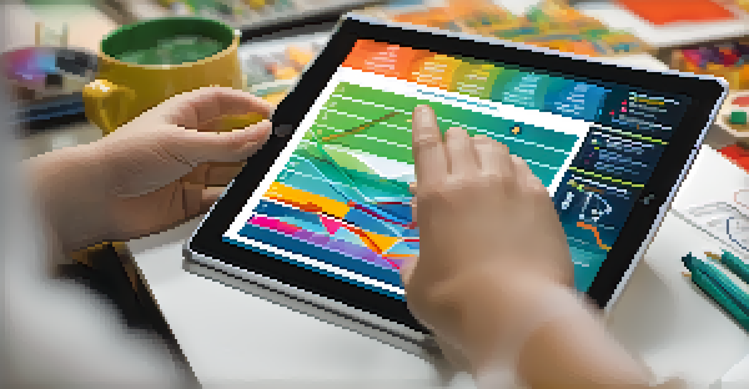 A student’s hands engaging with an interactive tablet displaying colorful infographics and visual aids for a science lesson.