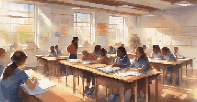 A bright and inviting classroom with diverse students working together, a teacher assisting them, and a digital screen in the background.