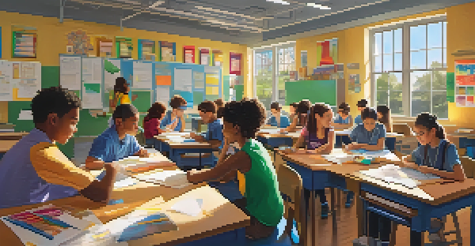 A lively classroom with students collaborating on projects, surrounded by learning materials and a supportive teacher.