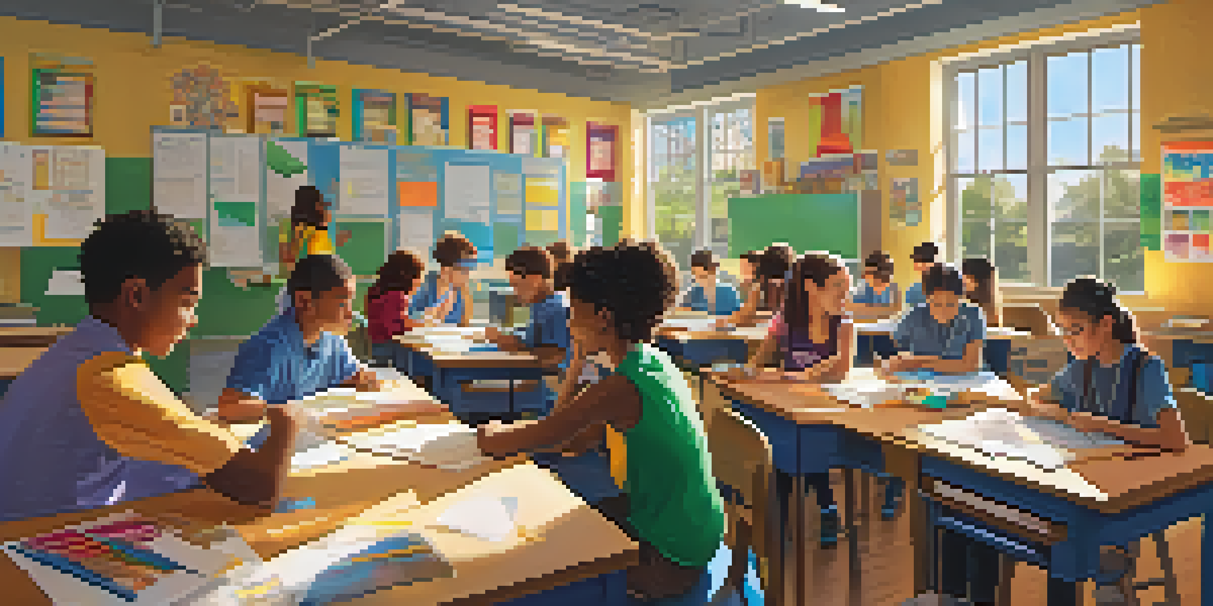 A lively classroom with students collaborating on projects, surrounded by learning materials and a supportive teacher.