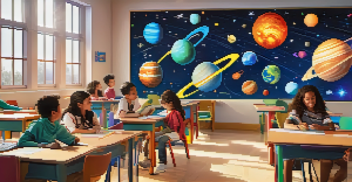 A classroom filled with diverse students actively using tablets and AR devices to learn about the solar system, with colorful decorations and bright lighting.