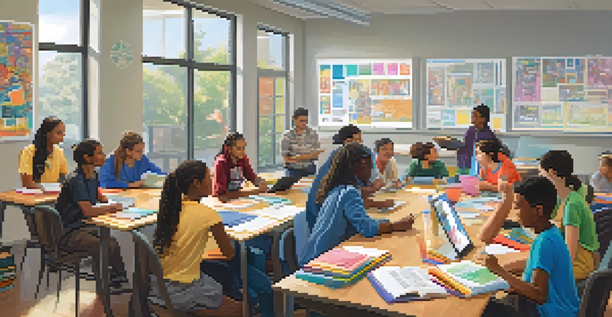 A diverse group of students collaborating at a table with books and laptops in a bright classroom, emphasizing teamwork and emotional intelligence.