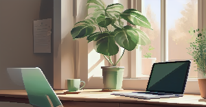A cozy workspace featuring a wooden desk with a laptop and a houseplant bathed in warm natural light.