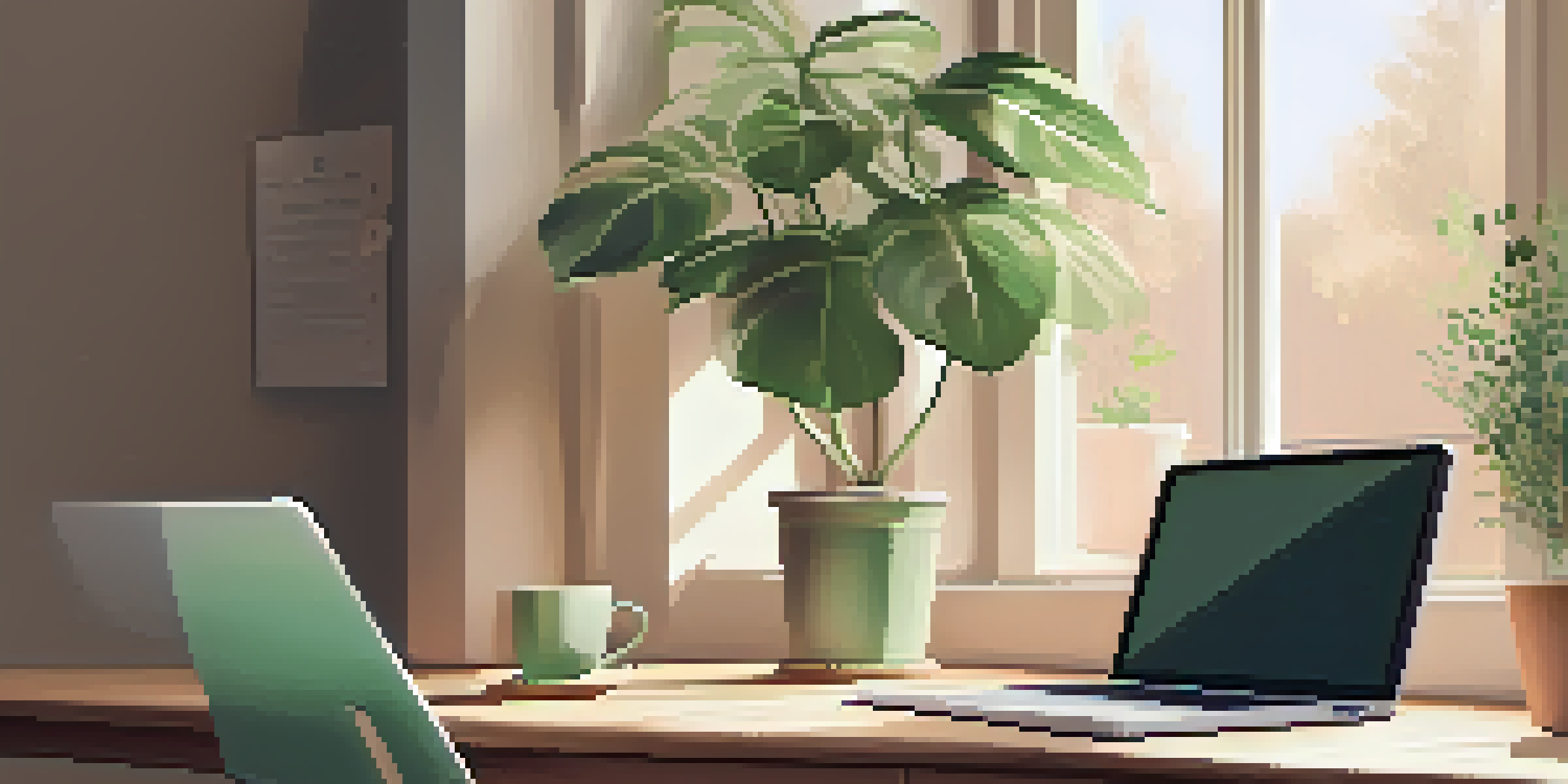 A cozy workspace featuring a wooden desk with a laptop and a houseplant bathed in warm natural light.