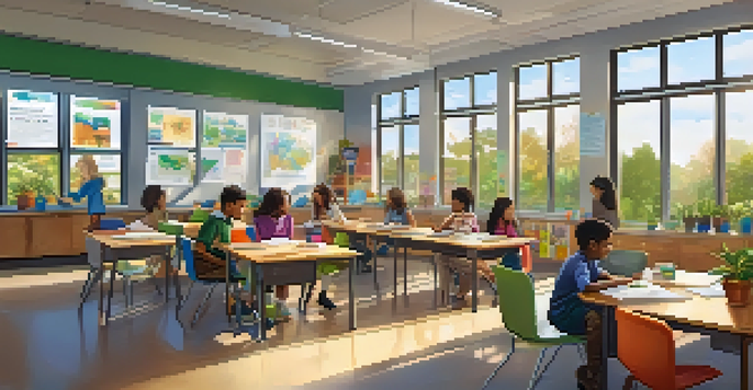 A diverse group of students collaborating on a project in a bright classroom filled with educational posters and plants.