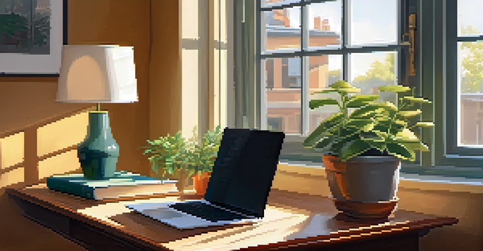 A cozy study space with a wooden desk, laptop, books, and a steaming cup of coffee, illuminated by warm sunlight.