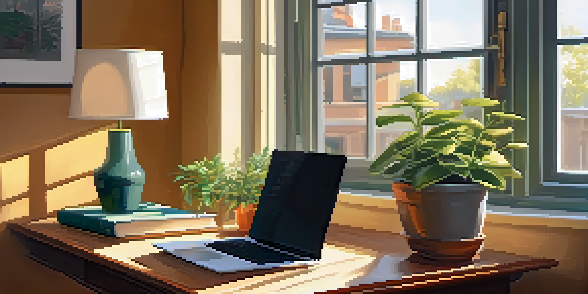 A cozy study space with a wooden desk, laptop, books, and a steaming cup of coffee, illuminated by warm sunlight.