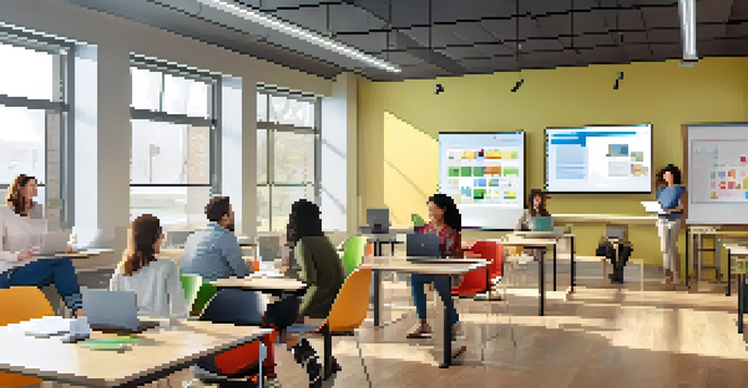 A spacious and bright adult learning environment with diverse adults using laptops and tablets for digital assessments. An interactive whiteboard shows quiz questions, and colorful educational posters are on the walls.